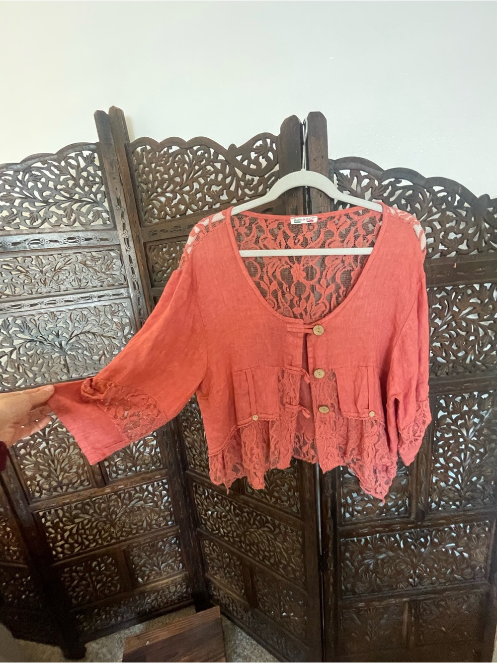 Italian Lace-Trim Scoop Neck Button Front Women's Top - Coralt